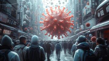 Frightened crowd of people in panic amid explosion of new Virus X or Disease X on street of metropolis - back view photo