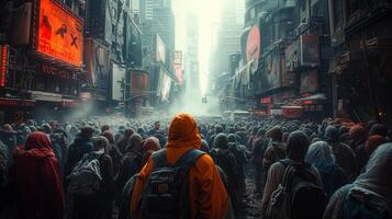 Frightened crowd of people in panic amid explosion of new Virus X or Disease X on street of metropolis - back view photo