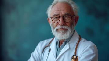 Elderly bearded male doctor in white uniform with stethoscope on the background of medical research laboratory photo