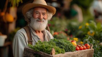 senior man farmer sell his products vegetables at the market or shop photo