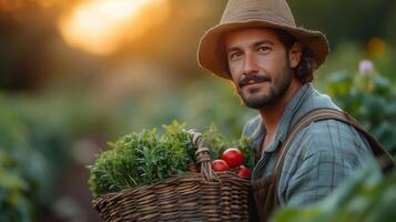 Happy young man farmer holding a basket of fresh vegetables in the garden at sunset photo
