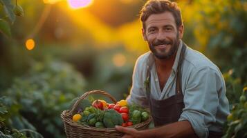 Happy mature man farmer holding a basket of fresh vegetables in the garden at sunset photo
