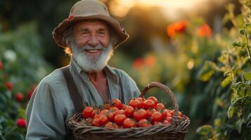 Happy senior man farmer holding a basket of fresh tomatoes in the garden at sunset photo
