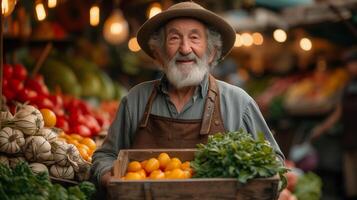 senior man farmer sell his products vegetables at the market or shop photo