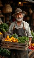 Senior man farmer sell his products vegetables at the market or shop photo