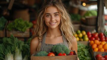 Close-up portrait young woman farmer holding wooden box with fresh vegetables, sell products at the market or shop photo
