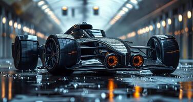 Modern generic sports racing black car standing in a dark garage on a pit lane photo