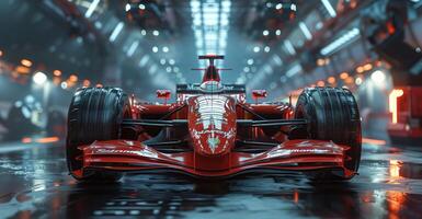 Modern generic sports racing red car standing in a dark garage on a pit lane photo