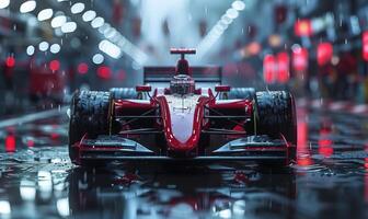 International race track with racing car at the start. Racer on a racing car passes the track photo