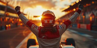Silhouette of race car driver celebrating the win in a race photo