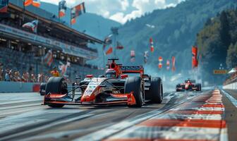 Formula one race, with several cars competing at high speed on a modern track photo