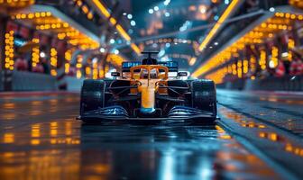 International race track with racing car at the start. Racer on a racing car passes the track photo