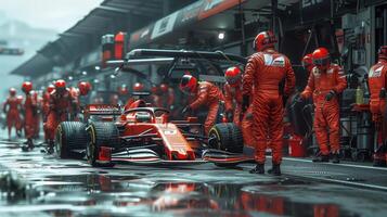 Professional pit crew ready for action as their team's race car arrives in the pit lane during a pitstop of a car race photo