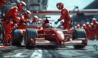 Professional pit crew ready for action as their team's race car arrives in the pit lane during a pitstop of a car race photo