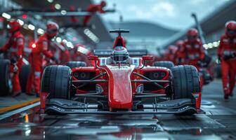 Professional pit crew ready for action as their team's race car arrives in the pit lane during a pitstop of a car race photo