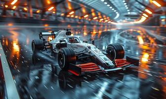 Formula one moving generic race car racing down the track with motion blur photo