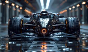 moderno genérico Deportes carreras negro coche en pie en un oscuro garaje en un pozo carril foto