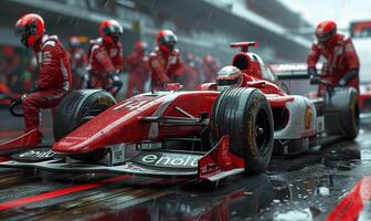 Professional pit crew ready for action as their team's race car arrives in the pit lane during a pitstop of a car race photo