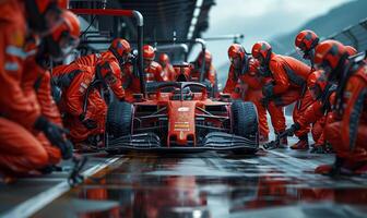Professional pit crew ready for action as their team's race car arrives in the pit lane during a pitstop of a car race photo