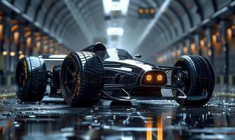 Modern generic sports racing black car standing in a dark garage on a pit lane photo