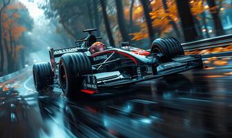 Formula one moving generic race car racing down the track with motion blur photo