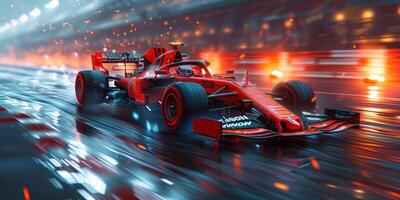 Formula one moving generic race car racing down the track with motion blur photo