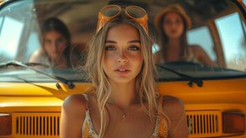 Portrait of a young modern urban hippie girl standing against the background of a yellow bus photo