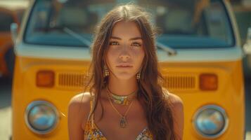 Portrait of a young modern urban hippie girl standing against the background of a yellow bus photo