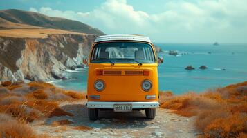 Yellow retro hippie bus somewhere near the sea in the mountains photo