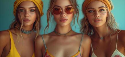 three girls traveling by yellow bus, fashionable hippie top models portrait - summer concept photo
