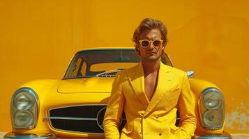 A blonde man, a top model in a yellow suit, sitting on the background of a yellow sports car photo