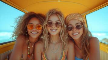 three girls traveling by yellow bus, fashionable hippie top models portrait - summer concept photo