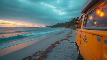 panoramic background of beach and ocean ,a yellow retro bus in beach with warm pendant lights hanging next to it photo