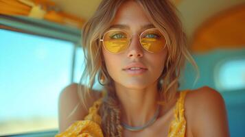 beautiful girl traveling by yellow bus, fashionable hippie top model portrait - summer concept photo