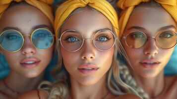 three girls traveling by yellow bus, fashionable hippie top models portrait - summer concept photo
