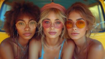 three girls traveling by yellow bus, fashionable hippie top models portrait - summer concept photo