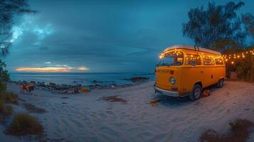 panoramic background of beach and ocean ,a yellow retro bus in beach with warm pendant lights hanging next to it photo