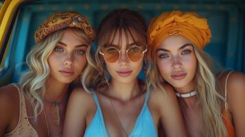 three girls traveling by yellow bus, fashionable hippie top models portrait - summer concept photo