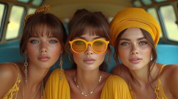 three girls traveling by yellow bus, fashionable hippie top models portrait - summer concept photo