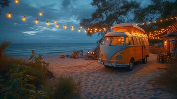panoramic background of beach and ocean ,a yellow retro bus in beach with warm pendant lights hanging next to it photo