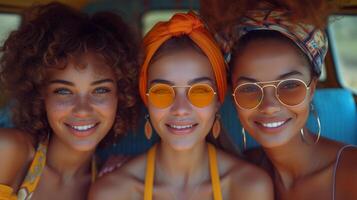three girls traveling by yellow bus, fashionable hippie top models portrait - summer concept photo