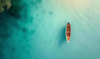 Boat on the water surface from top view, turquoise blue water background from top view, summer seascape from air, island, travel and vacation image photo