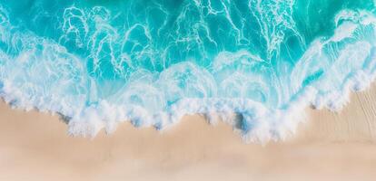 Relaxing aerial beach scene, summer vacation holiday template banner, amazing blue ocean lagoon, top view, from bird's eye view photo