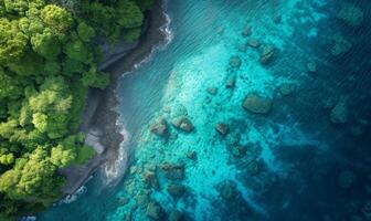 Aerial top view amazing beach with perfect nature, green forest peaceful and rock around island photo
