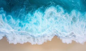 Relaxing aerial beach scene, summer vacation holiday template banner, amazing blue ocean lagoon, top view, from bird's eye view photo