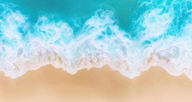 Relaxing aerial beach scene, summer vacation holiday template banner, amazing blue ocean lagoon, top view, from bird's eye view photo