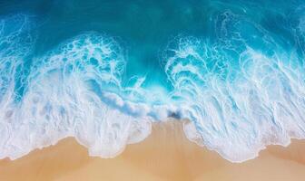 Relaxing aerial beach scene, summer vacation holiday template banner, amazing blue ocean lagoon, top view, from bird's eye view photo