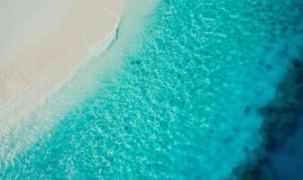 Relaxing aerial beach scene, summer vacation holiday template banner, amazing blue ocean lagoon, top view, from bird's eye view photo