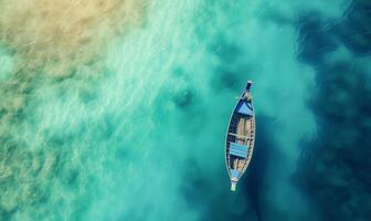 Boat on the water surface from top view, turquoise blue water background from top view, summer seascape from air, island, travel and vacation image photo