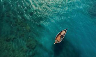 Boat on the water surface from top view, turquoise blue water background from top view, summer seascape from air, island, travel and vacation image photo